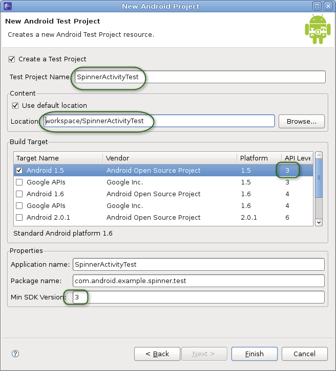 New Android Test Project dialog with filled-in values